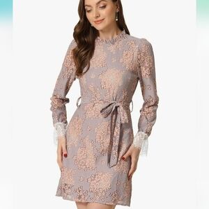 Allegra K Women's Floral Lace Long Sleeve Dress - Pink and Gray